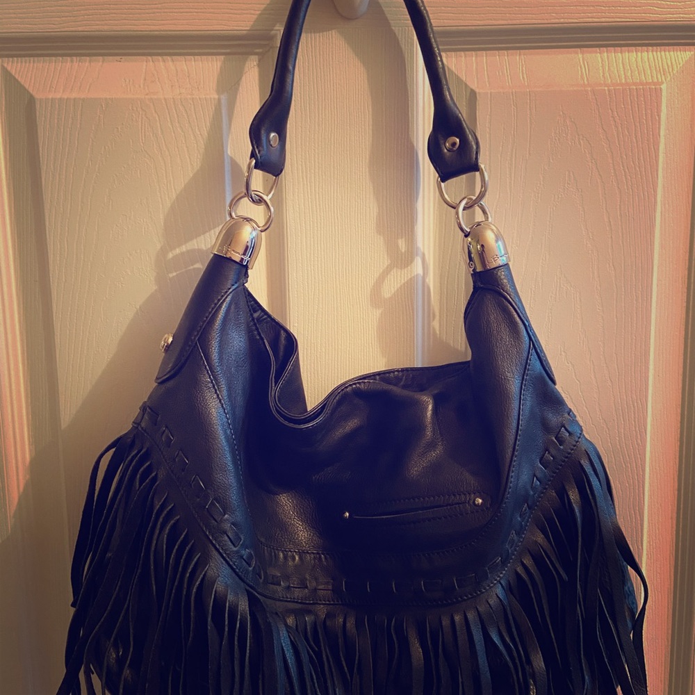 B. Makowsky black leather fringe handbag